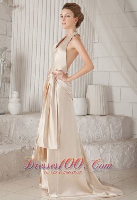 Halter Open Back High Slit Champagne Prom Dress