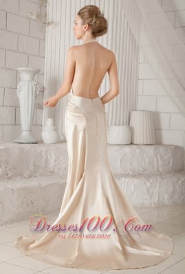 Halter Open Back High Slit Champagne Prom Dress