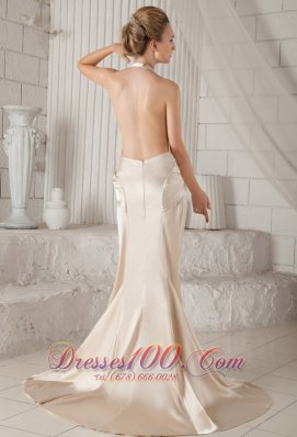 Halter Open Back High Slit Champagne Prom Dress