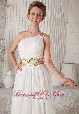 One Shoulder White Chiffon Prom Dress with Sequins