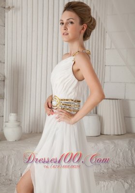 One Shoulder White Chiffon Prom Dress with Sequins