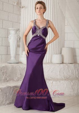 Mermaid Brush Purple Straps Prom Evening Dress Beaded