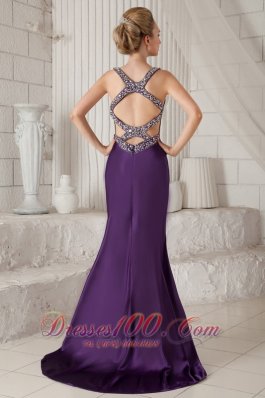 Mermaid Brush Purple Straps Prom Evening Dress Beaded