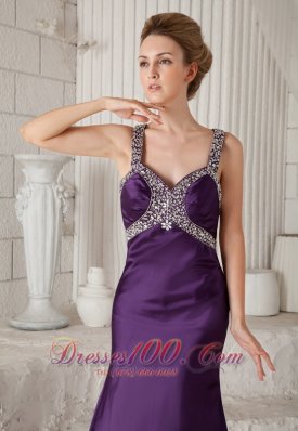 Mermaid Brush Purple Straps Prom Evening Dress Beaded