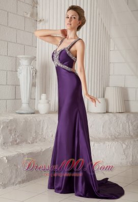 Mermaid Brush Purple Straps Prom Evening Dress Beaded