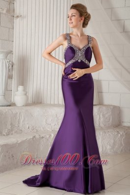 Mermaid Brush Purple Straps Prom Evening Dress Beaded