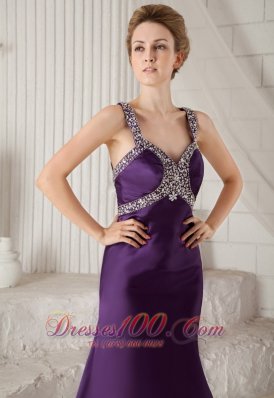 Mermaid Brush Purple Straps Prom Evening Dress Beaded