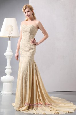 Court Train Beading Mermaid Gold Prom Celebrity Dress Sequined