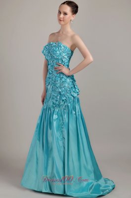 Unique Bowknot Layered Brush Teal Prom Dress Beaded