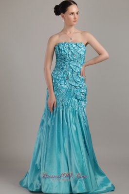 Unique Bowknot Layered Brush Teal Prom Dress Beaded