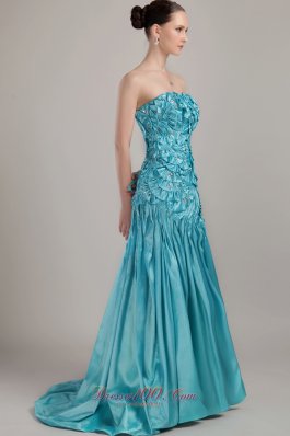 Unique Bowknot Layered Brush Teal Prom Dress Beaded