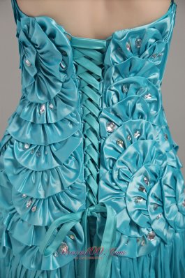 Unique Bowknot Layered Brush Teal Prom Dress Beaded