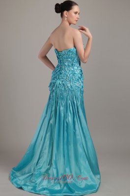 Unique Bowknot Layered Brush Teal Prom Dress Beaded