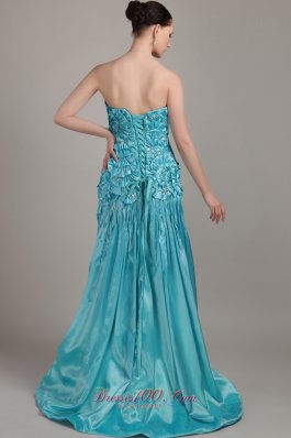 Unique Bowknot Layered Brush Teal Prom Dress Beaded