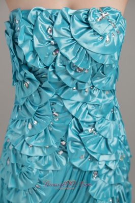 Unique Bowknot Layered Brush Teal Prom Dress Beaded