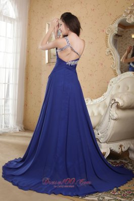 Beaded One Shoulder Blue Brush Prom Dress Chiffon