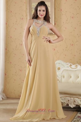 Scoop Chiffon Gold Beaded Prom Dress Empire