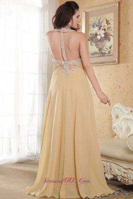 Scoop Chiffon Gold Beaded Prom Dress Empire