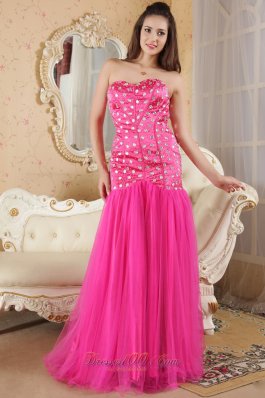 Mermaid Brush Beads Hot Pink Prom Dress Organza