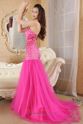 Mermaid Brush Beads Hot Pink Prom Dress Organza