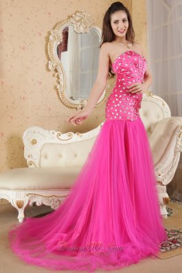 Mermaid Brush Beads Hot Pink Prom Dress Organza