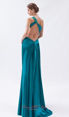 One Shoulder Beading Teal Ruched Prom Dress Keyhole