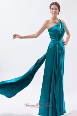 One Shoulder Beading Teal Ruched Prom Dress Keyhole