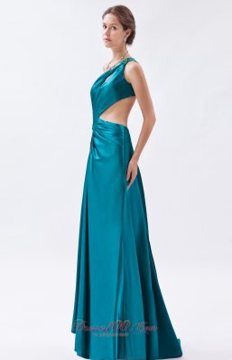 One Shoulder Beading Teal Ruched Prom Dress Keyhole