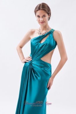 One Shoulder Beading Teal Ruched Prom Dress Keyhole