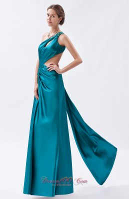 One Shoulder Beading Teal Ruched Prom Dress Keyhole