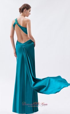 One Shoulder Beading Teal Ruched Prom Dress Keyhole