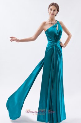 One Shoulder Beading Teal Ruched Prom Dress Keyhole