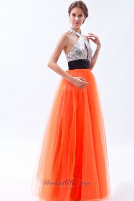 Sequined Halter Orange Red Prom Dress with Tulle