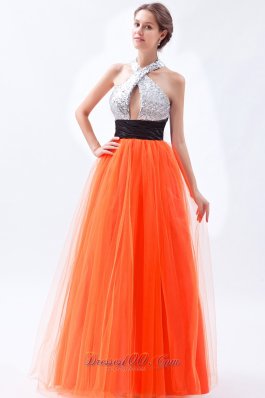 Sequined Halter Orange Red Prom Dress with Tulle