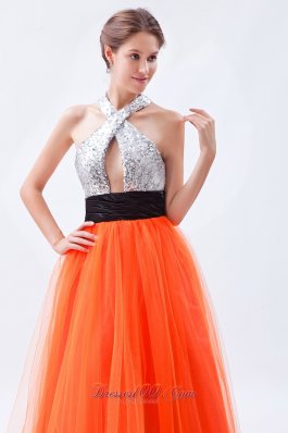 Sequined Halter Orange Red Prom Dress with Tulle