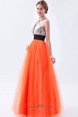 Sequined Halter Orange Red Prom Dress with Tulle