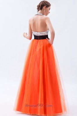 Sequined Halter Orange Red Prom Dress with Tulle