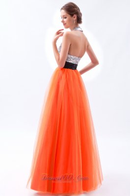 Sequined Halter Orange Red Prom Dress with Tulle