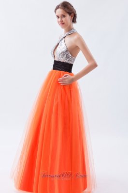 Sequined Halter Orange Red Prom Dress with Tulle