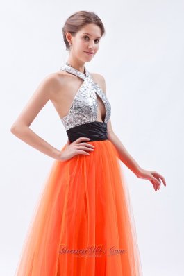 Sequined Halter Orange Red Prom Dress with Tulle