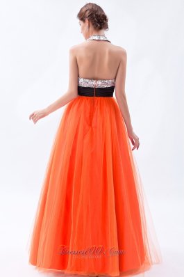 Sequined Halter Orange Red Prom Dress with Tulle