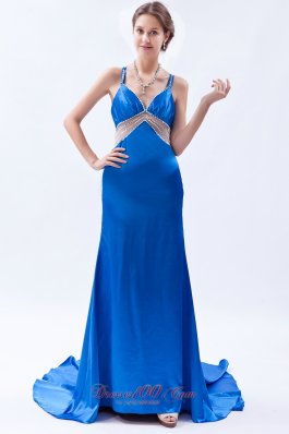 Beadwork Straps Royal Blue Prom Dress Brush Train