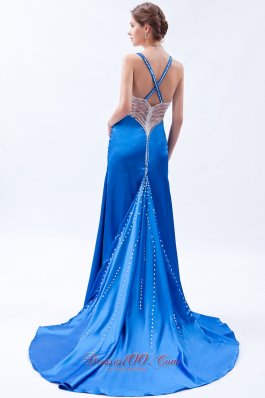 Beadwork Straps Royal Blue Prom Dress Brush Train