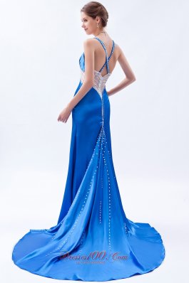 Beadwork Straps Royal Blue Prom Dress Brush Train