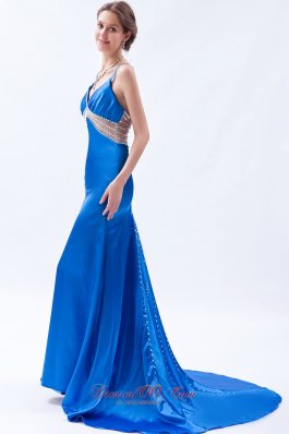 Beadwork Straps Royal Blue Prom Dress Brush Train