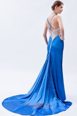 Beadwork Straps Royal Blue Prom Dress Brush Train