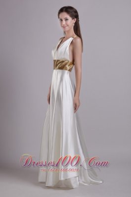 Front Slit V-neck White Evening Dress Sashed