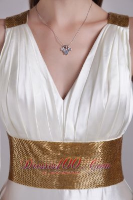 Front Slit V-neck White Evening Dress Sashed