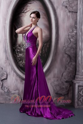 Affordable Eggplant Purple Evening Dress Column Halter