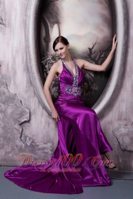 Affordable Eggplant Purple Evening Dress Column Halter